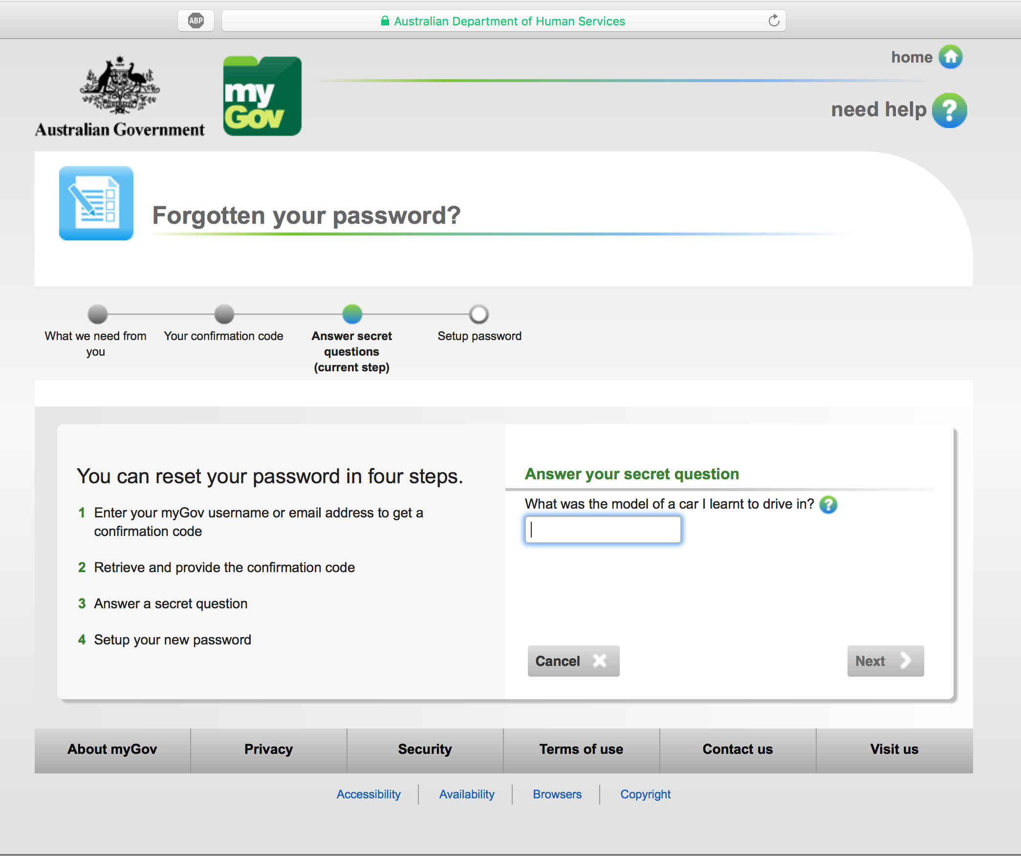 Australian Government MyGov - Asking for the answer to a secret question